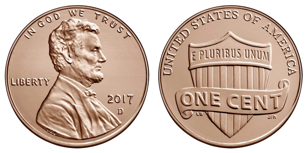 2017-P Lincoln Shield penny obverse showing the historic first Philadelphia P mint mark below the date 2017