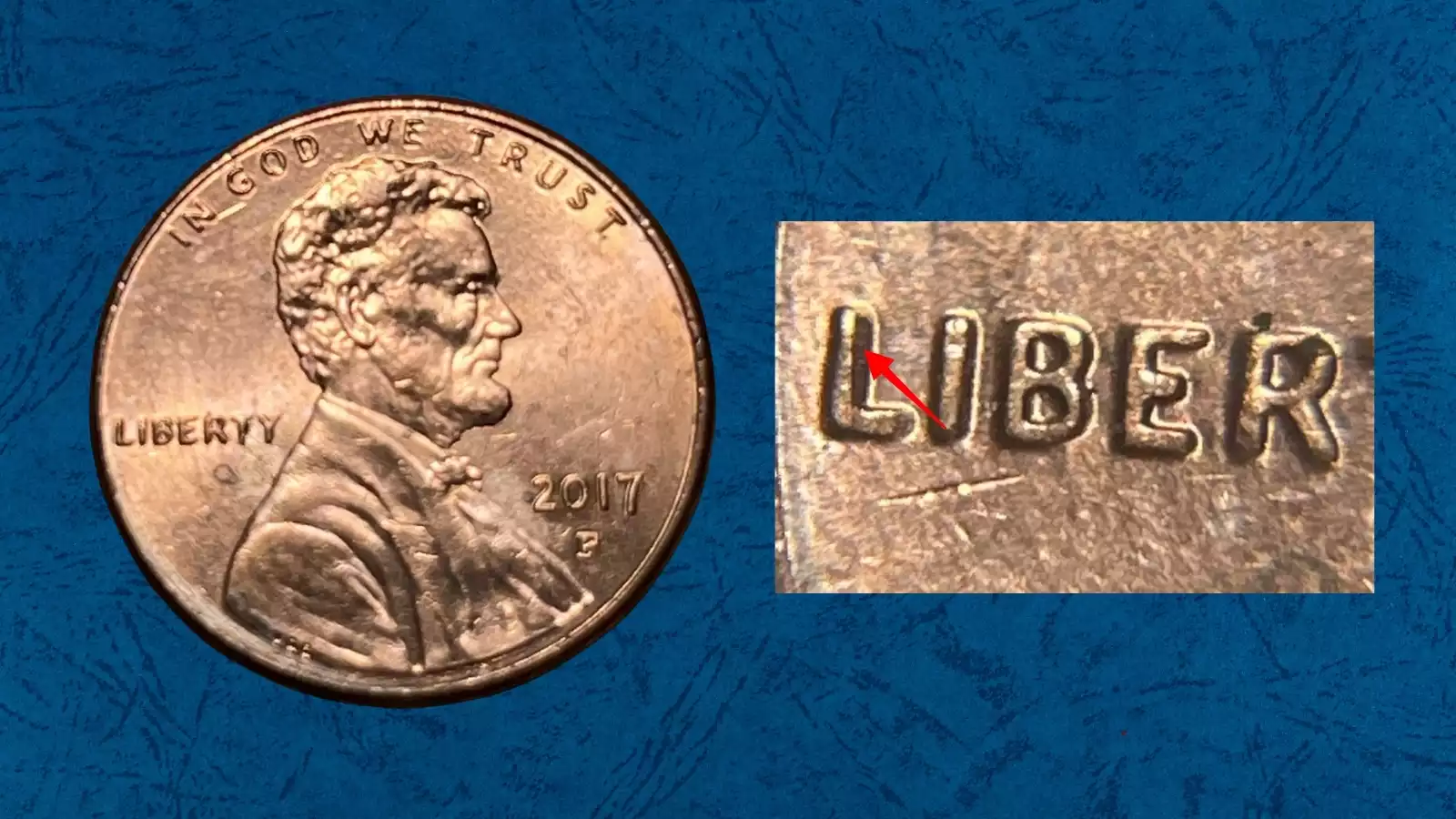 2017 Lincoln penny Doubled Die Obverse error showing split serif doubling on IN GOD WE TRUST lettering