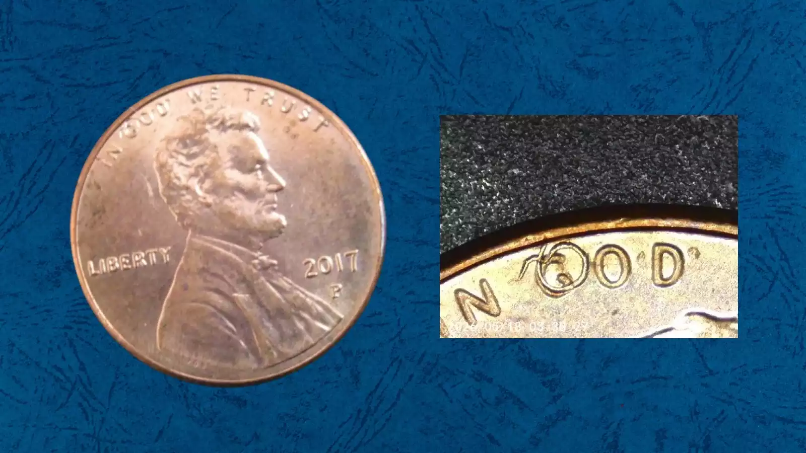 2017 Lincoln penny struck-through error showing missing letters and smeared design where die grease filled the die cavities during striking