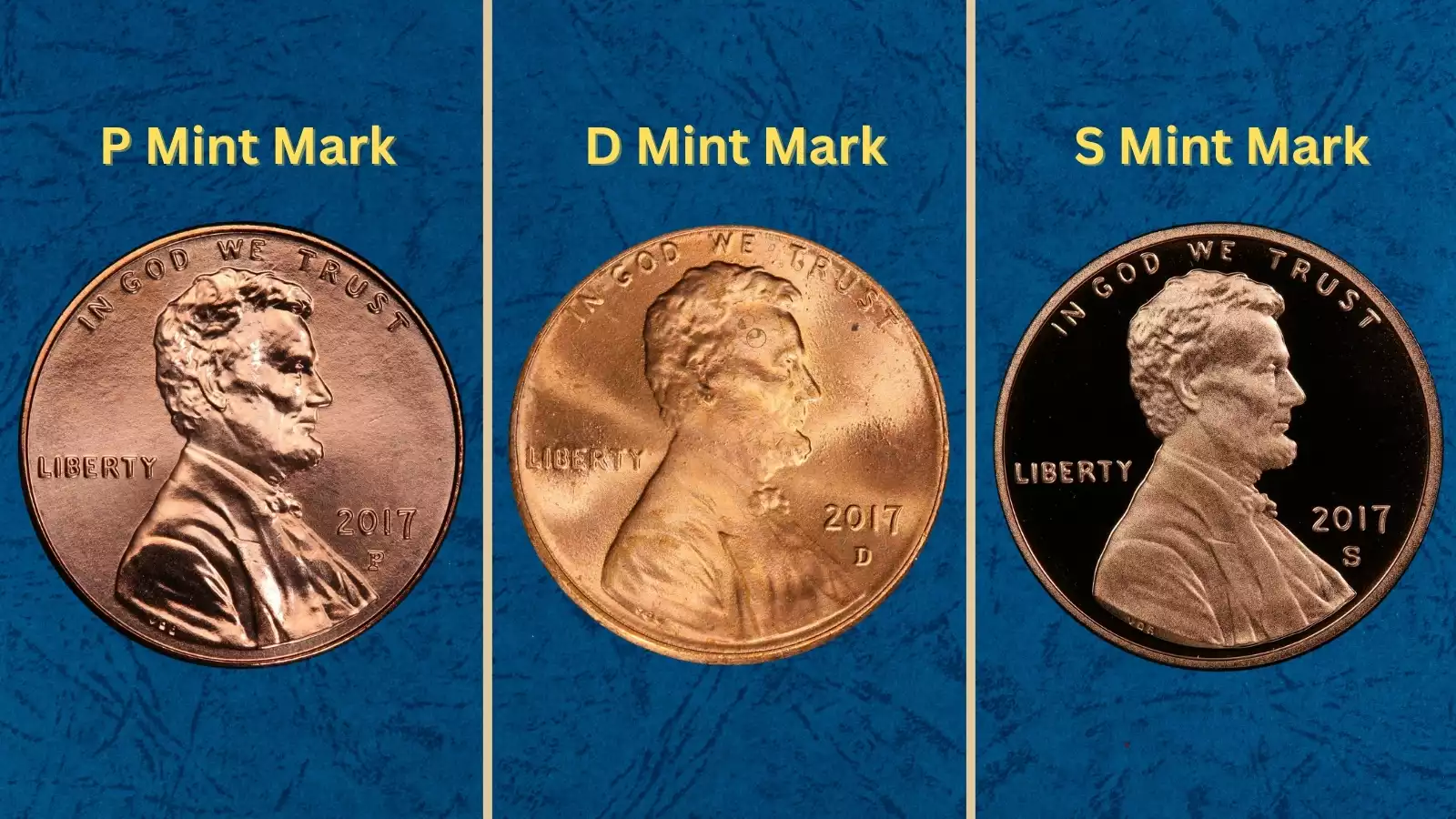 Group photo of 2017 Lincoln penny set showing 2017-P, 2017-D, and 2017-S issues side by side on neutral surface