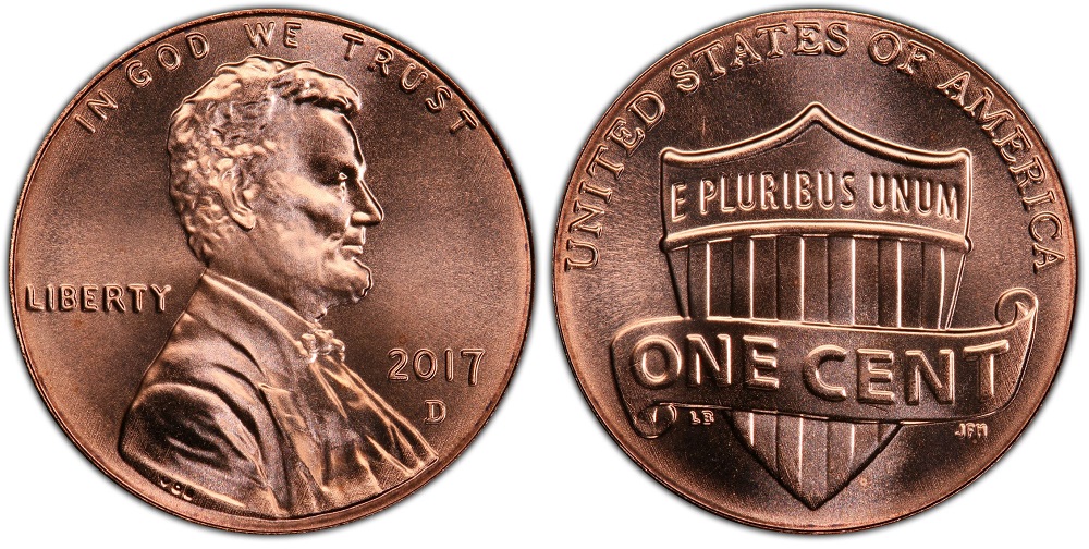 Grading comparison strip showing four 2017 Lincoln pennies from heavily worn circulated condition through gem MS67 RD uncirculated examples